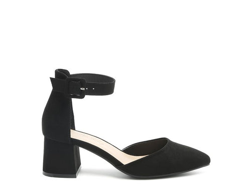 Block Heeled Sandal in sleek black finish with pointed toe and ankle pin buckle.