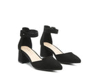 Stylish Block Heeled Sandal in black with pointed toe and ankle strap, perfect for modern elegance and comfort.