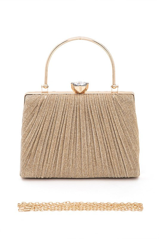 Diamond Clasp Top Handle Pleated Box Clutch