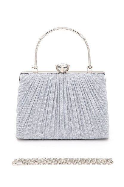 Diamond Clasp Top Handle Pleated Box Clutch