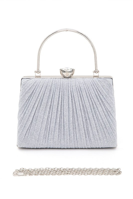Diamond Clasp Top Handle Pleated Box Clutch Silver O S