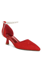 Lace Kitten Heel Sandals in red with pearl ankle strap and lace detailing