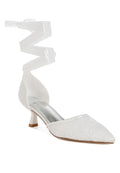 Lace Kitten Heel Sandals with elegant lace details and stylish crisscross ribbon design in white.