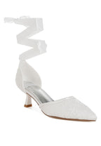Lace Kitten Heel Sandals with elegant lace details and stylish crisscross ribbon design in white.
